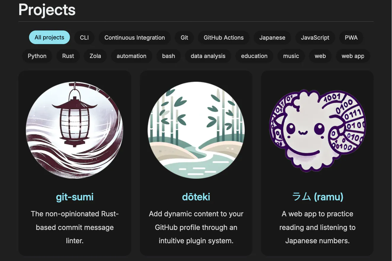 Projects page with tag filter