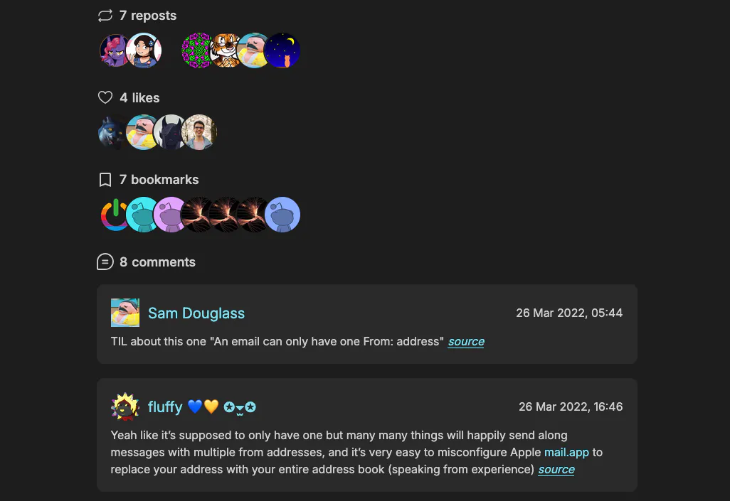 Webmentions screenshot showing reposts, likes, bookmarks, and comments